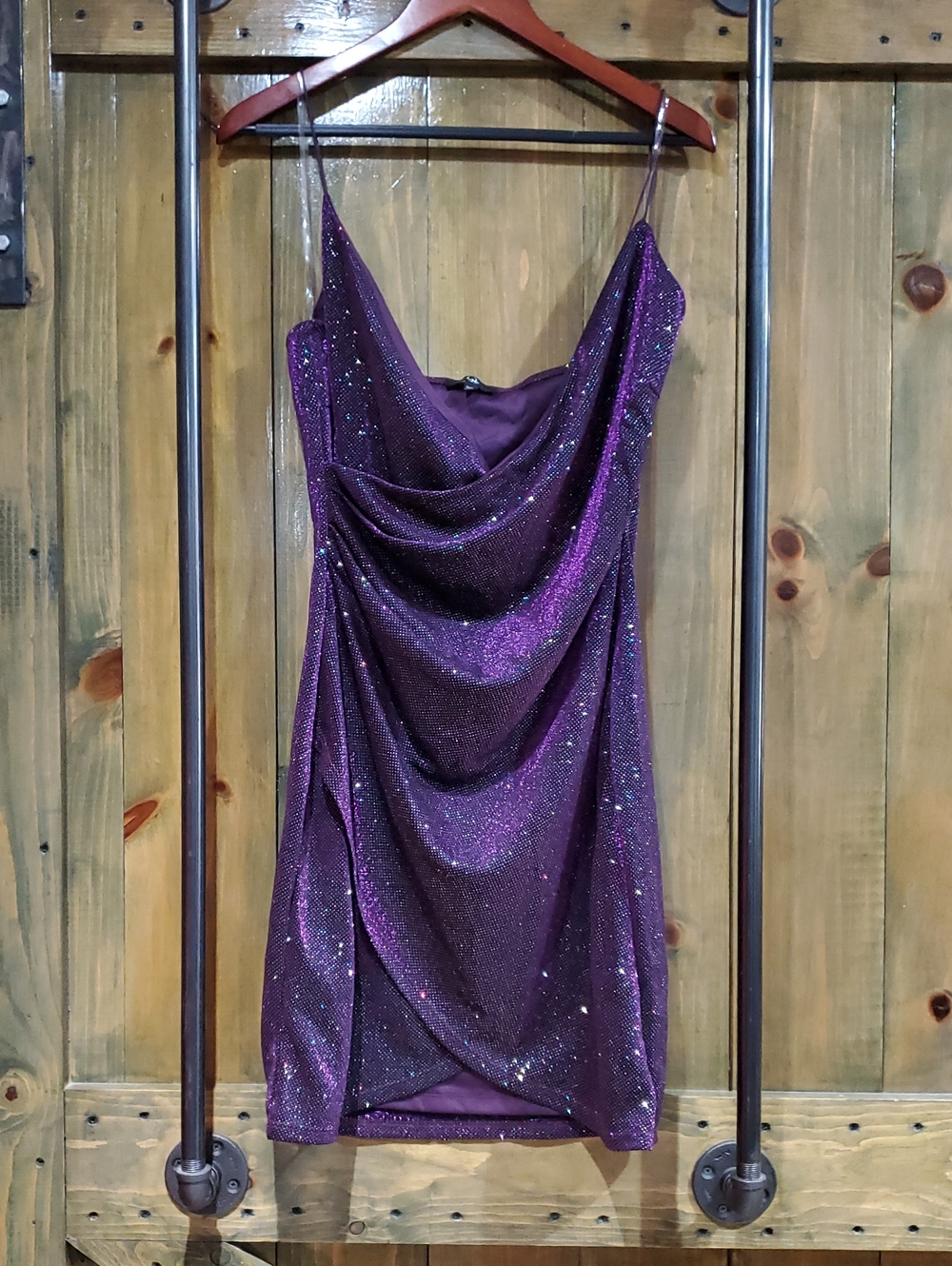 Purple Sparkle Cowl Neck Mini Dress Night Life Dinner Evening Stretch Drama